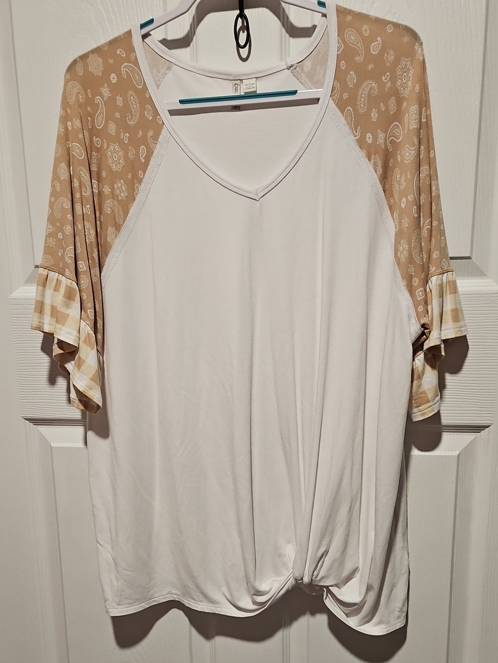 Cato White V-Neck Tee with Tan Paisley Raglan Sleeves and Tan Gingham Ruffle